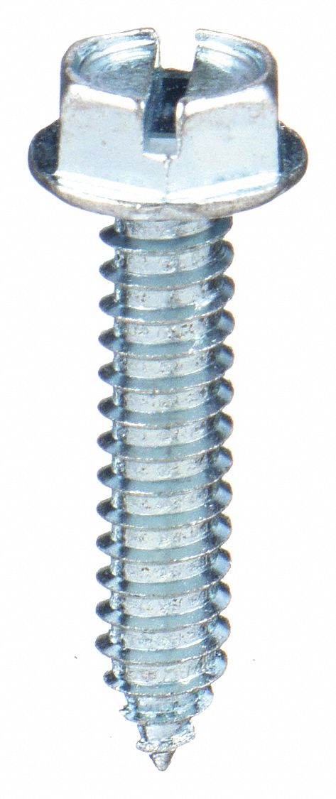 Sheet Metal Screw: #10 Size, 1 3/4 in Lg, Steel, Zinc-Plated, Slotted, Hex Washer, 100 PK