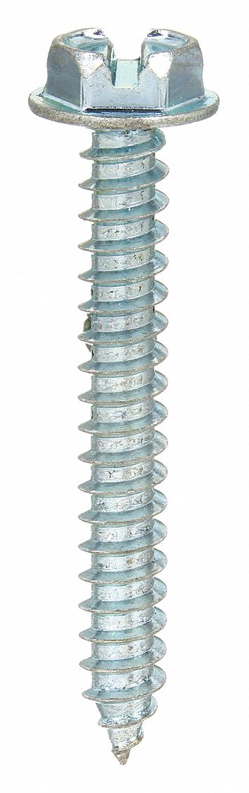 Sheet Metal Screw: #10 Size, 3/8 in Lg, Steel, Zinc-Plated, Slotted, Hex Washer, 100 PK