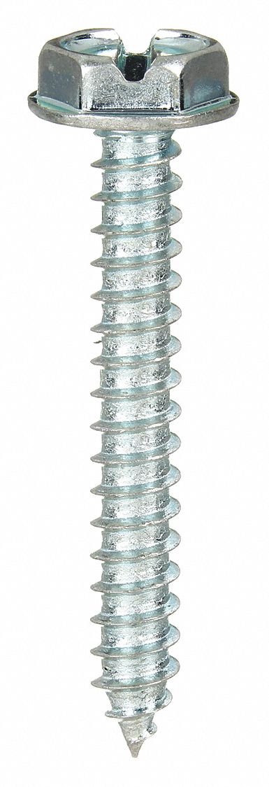 Sheet Metal Screw: #12 Size, 2 in Lg, Steel, Zinc-Plated, Slotted, Hex Washer, 100 PK