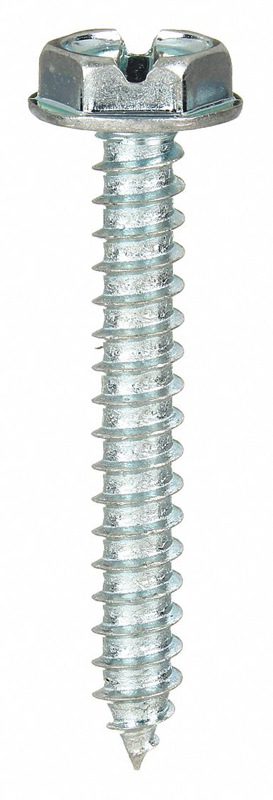 SHEET METAL SCREW, SIZE #12, 2 IN L, STEEL, ZINC PLATED, HEX WASHER, SLOTTED, ASME B18.6.3, 100 PK