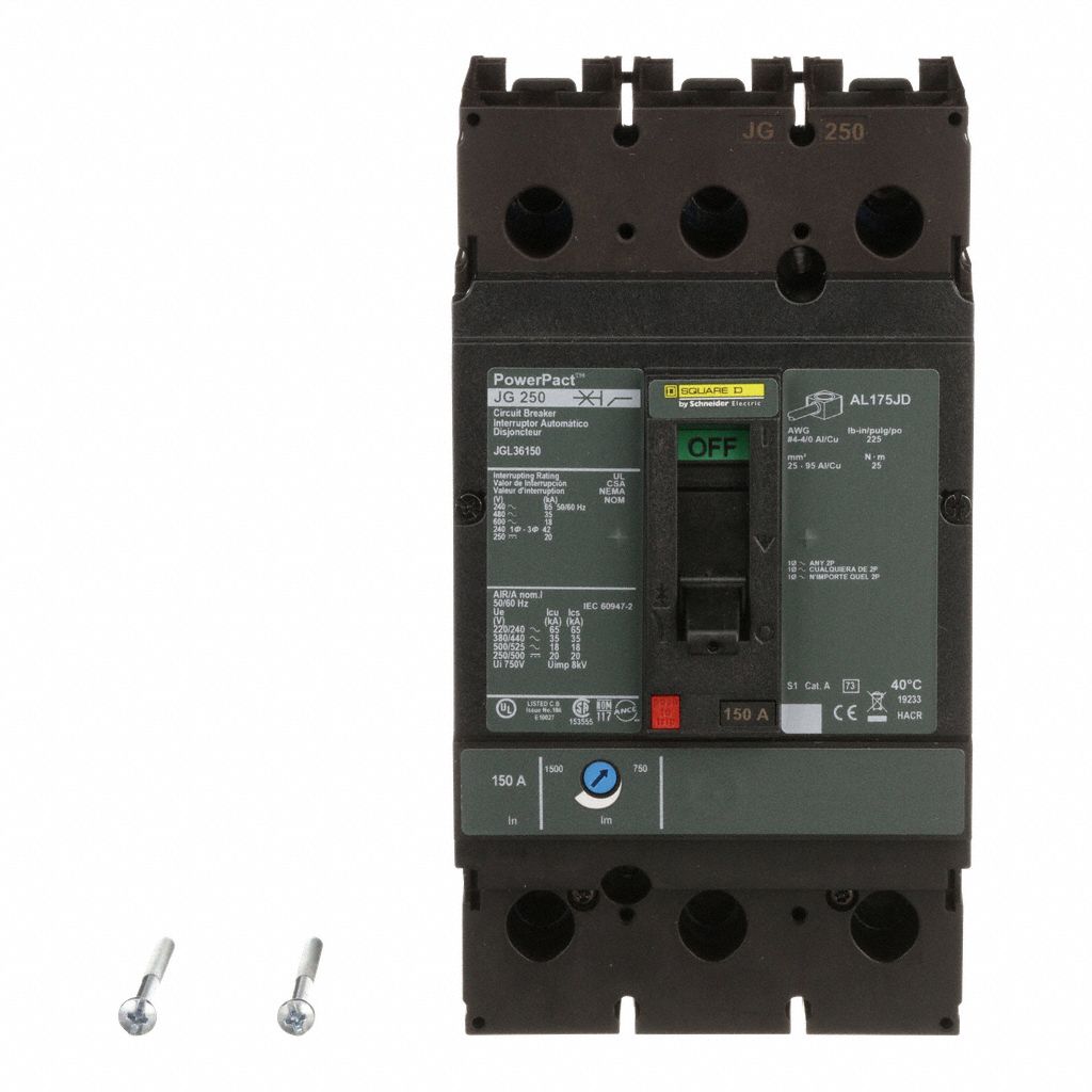 Molded Case Circuit Breaker: 150 A Amps, 65kA at 220/240V AC, Instantaneous, Line/Load Lug, ABC, JG