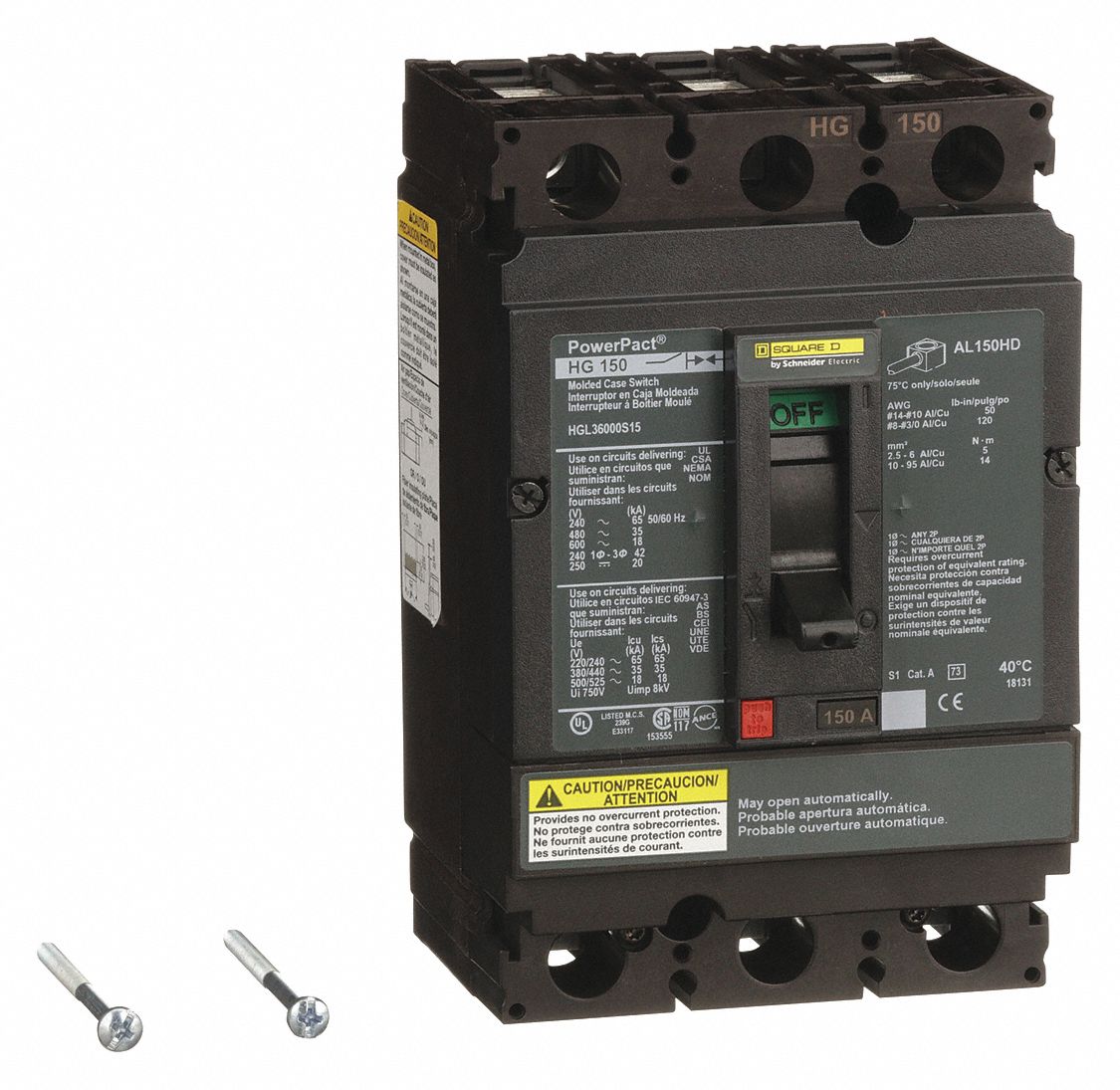 Molded Case Circuit Breaker: 150 A Amps, 65kA at 240V AC, Fixed, Lug, ABC, 3 Poles, 600V AC, HG