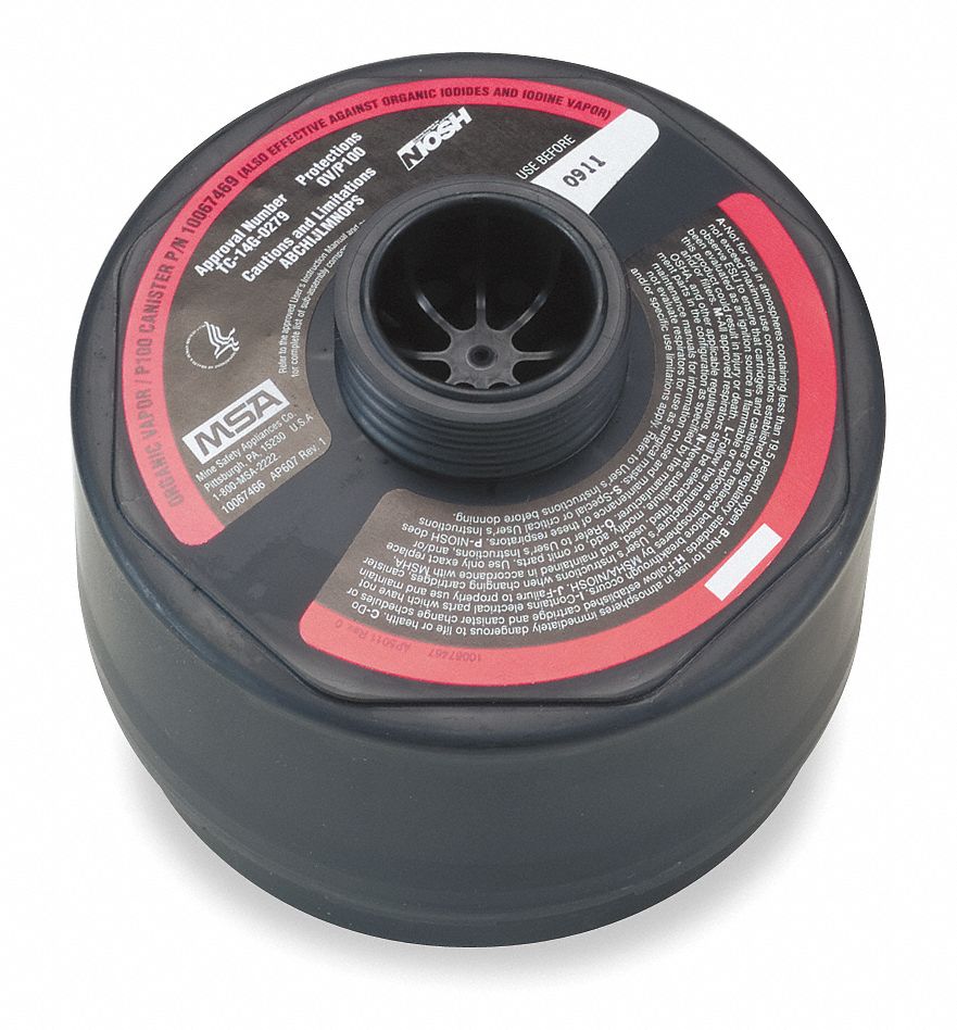 MSA Gas Mask Canister, NIOSH Rating Organic Vapor (OV), P100, Color