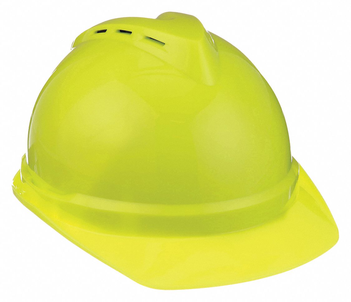 CASQUE À FENTES, CSA, TYPE 1, CLASSE E, PE, CLIQUET 4 PTS, BORD AVANT, JAUNE/VERT HTE VISIBILITÉ