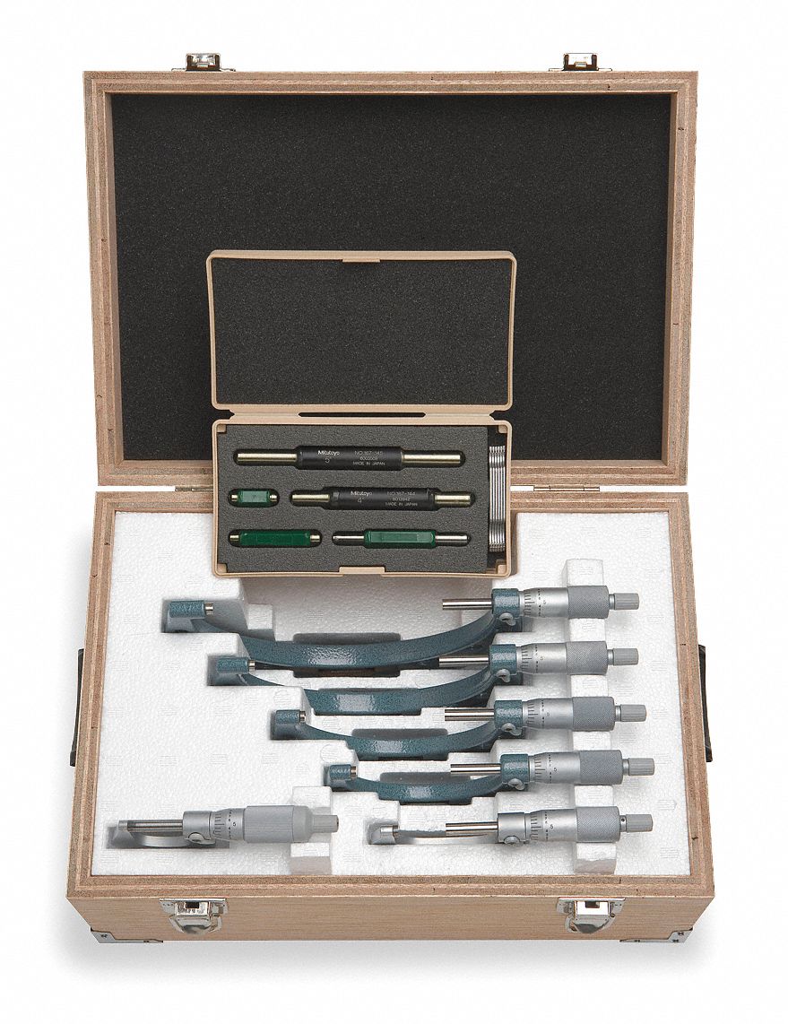 MECHANICAL OUTSIDE MICROMETER SET, 0 TO 6 IN RANGE, 001 IN RESOLUTION, 6 MICROMETERS