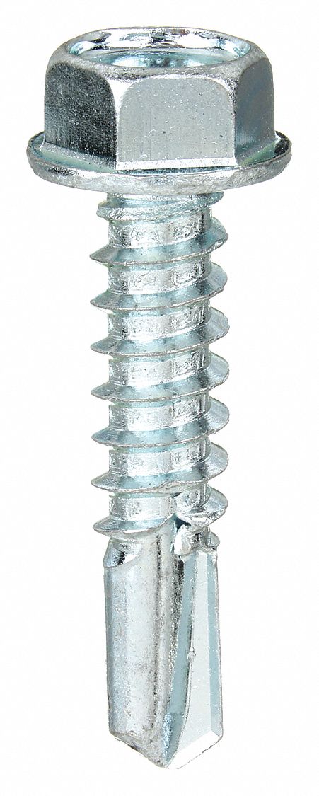 Self-Drilling Screw: #12 Size, 1 in Lg, Steel, Zinc-Plated, Hex Washer, External Hex, 100 PK