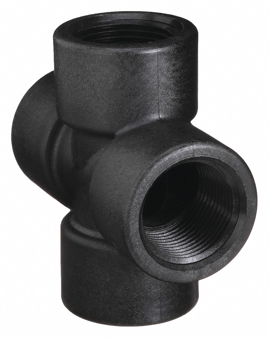 FEMALE CROSS: ¾ IN X ¾ IN X ¾ IN X ¾ IN FITTING, SCHEDULE 80, 300 PSI, BLACK