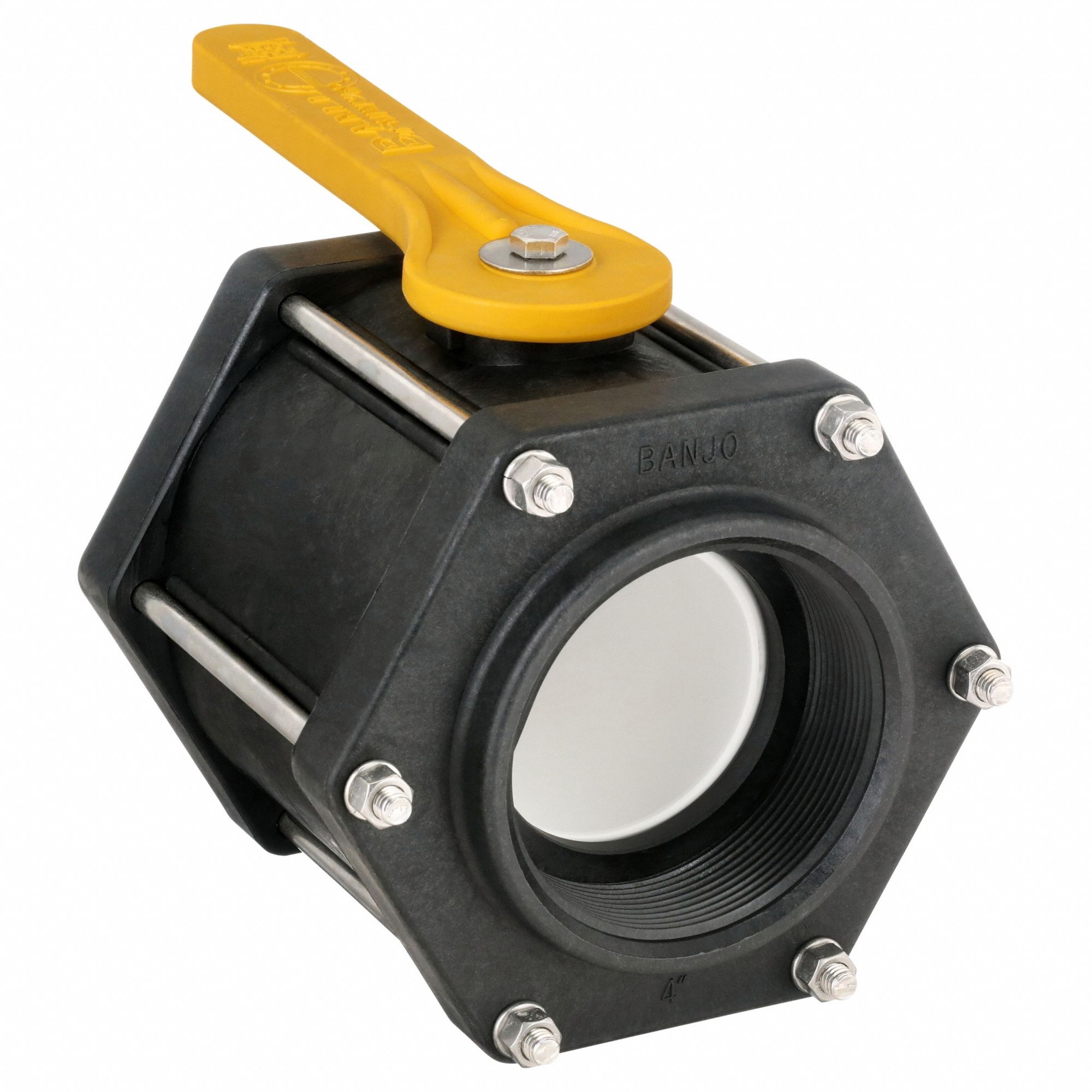 Manual Two-Way Ball Valve: 4 in, Polypropylene, Straight, FNPT x FNPT, Three-Piece, Lever