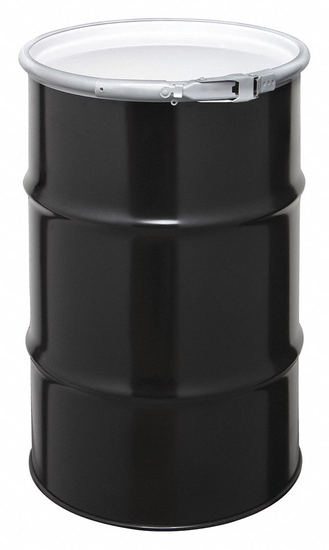 TRANSPORT DRUM, STEEL, 30 GALON, LEVER LOCK RING, BLACK/WHITE