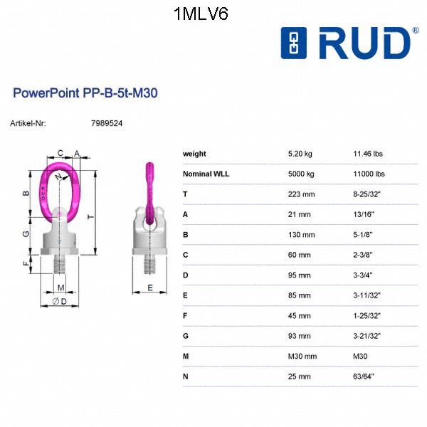 RUD CHAIN ScrewOn Hoist Ring, M30 x 3.5 Thread Size, 11,000 lb Working