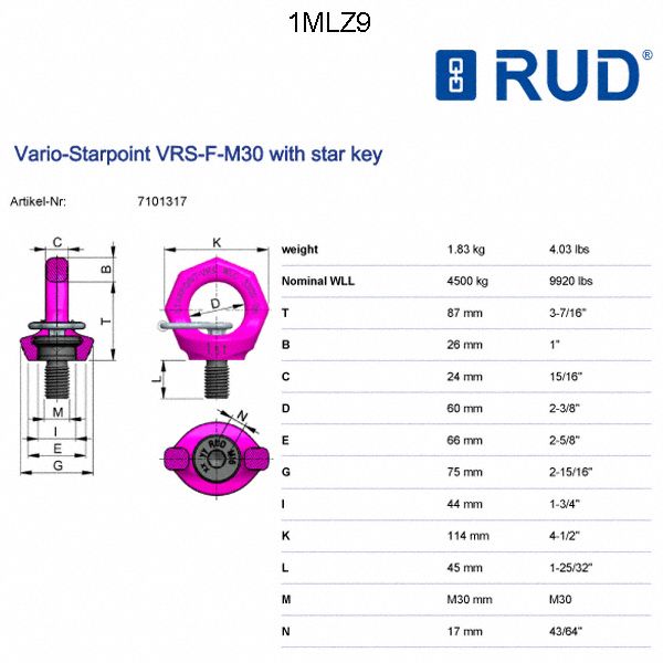 RUD CHAIN ScrewOn Hoist Ring, M30 x 3.5 Thread Size, 9,920 lb Working