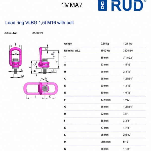 RUD CHAIN BoltOn Hoist Ring, M16 x 2 Thread Size, 3300 lb Working Load