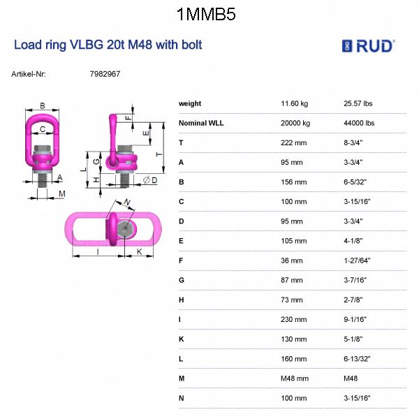 RUD CHAIN BoltOn Hoist Ring, M48 x 5 Thread Size, 44,090 lb Working