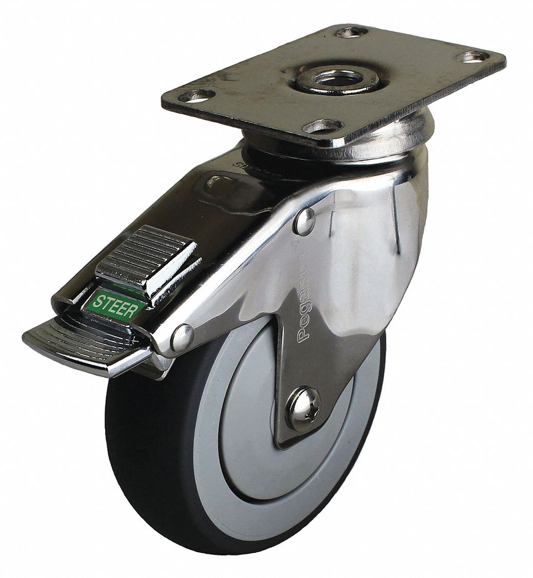 Plate Caster: Swivel, Directional Lock, Rubber, 6 in Wheel Dia., 1 1/4 in Wheel Wd