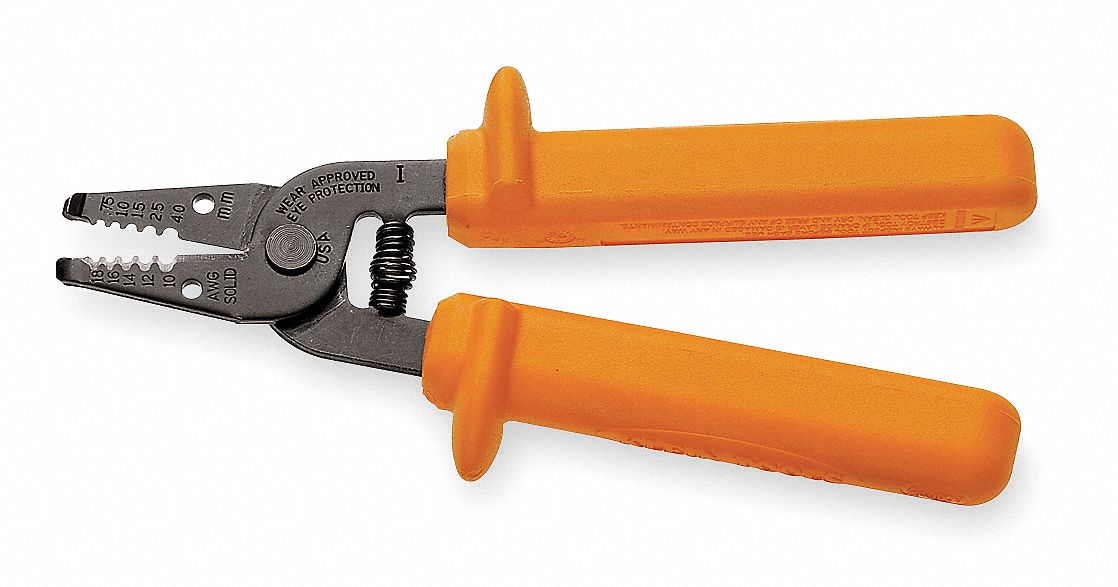 Wire Stripper: 18 AWG to 10 AWG, 7 in Overall Lg, Insulated, Cut/Loop, Std Cushion Grip, 6 - 8 in