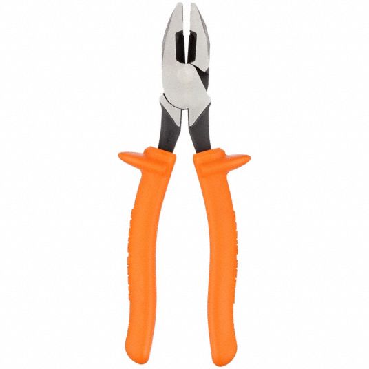 Linemans Plier: Insulated, Flat, 9 3/4 in Overall Lg, 1 5/8 in Jaw Lg, 1  3/8 in Jaw Wd, 9 - 11 in