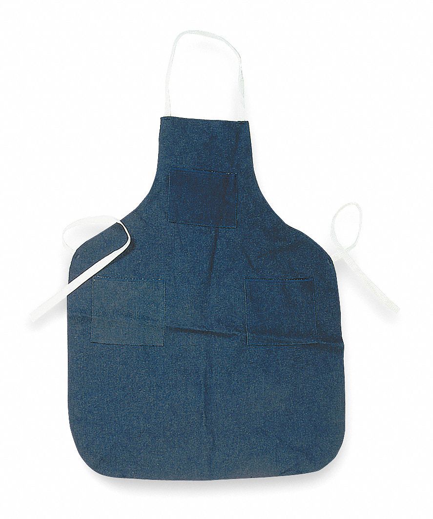 Shop Apron: Denim, Blue, 36 in Lg, 28 in Wd, Ties, Ties, 7.5 oz/sq yd Fabric Wt, Bib Apron
