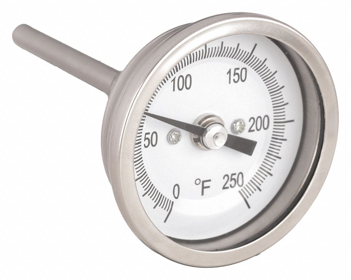 DIAL THERMOMETER, 2.5 IN STEM L, 2 IN DIAL DIAMETER, 250 ° F MAXIMUM TEMPERATURE, 0 ° F MINIMUM TEMPERATURE