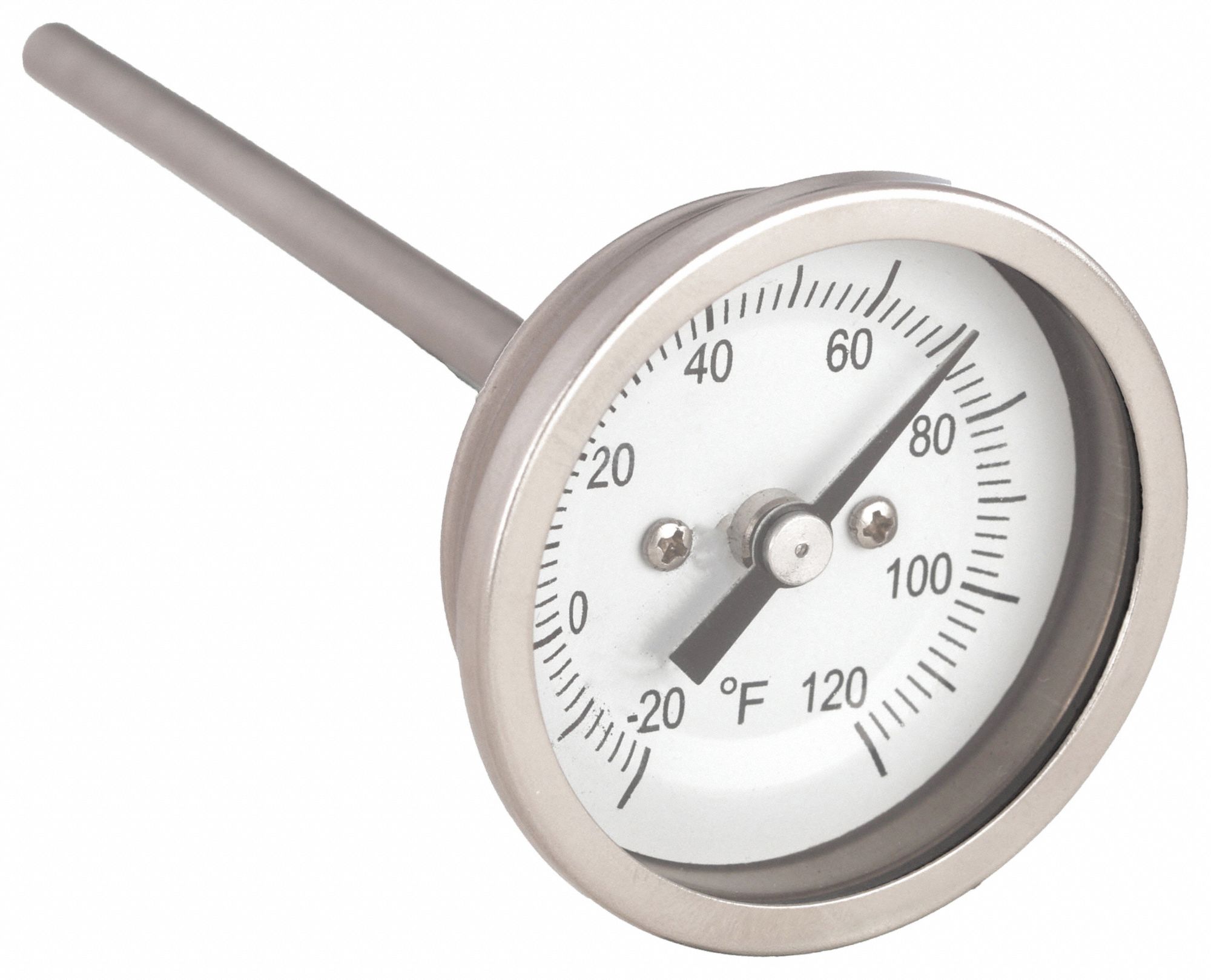 DIAL THERMOMETER, 4 IN STEM L, 2 IN DIAL DIAMETER, +/- 1% ACCURACY, 120 &deg; F MAXIMUM TEMPERATURE, -20 &deg; F MINIMUM TEMPERATURE