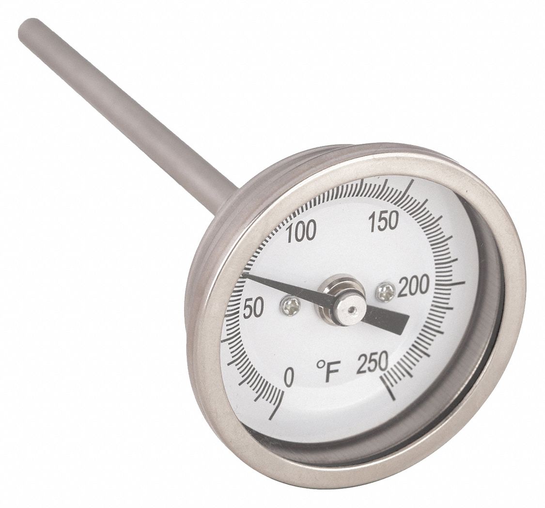 DIAL THERMOMETER, 4 IN STEM L, 2 IN DIAL DIAMETER, +/- 1% ACCURACY, 250 &deg; F MAXIMUM TEMPERATURE, 0 &deg; F MINIMUM TEMPERATURE