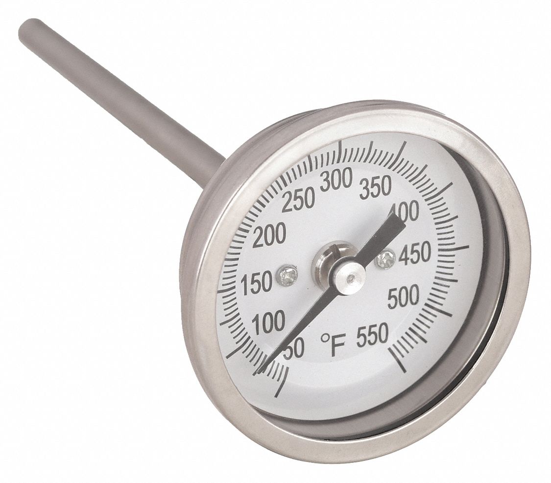 DIAL THERMOMETER, 4 IN STEM L, 2 IN DIAL DIAMETER, +/- 1% ACCURACY, 550 &deg; F MAXIMUM TEMPERATURE, 50 &deg; F MINIMUM TEMPERATURE