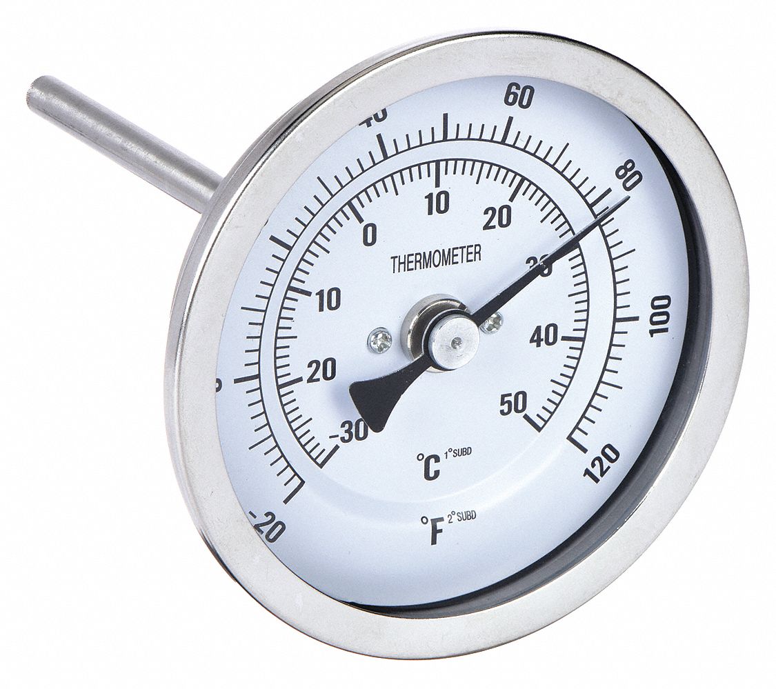 DIAL THERMOMETER, 4 IN STEM L, 3 IN DIAL DIAMETER, +/- 1% ACCURACY, 120 ° F MAXIMUM TEMPERATURE, -20 ° F MINIMUM TEMPERATURE
