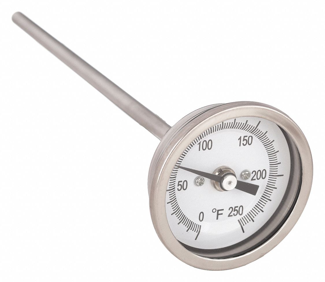 DIAL THERMOMETER, 6 IN STEM L, 2 IN DIAL DIAMETER, 250 ° F MAXIMUM TEMPERATURE, 0 ° F MINIMUM TEMPERATURE