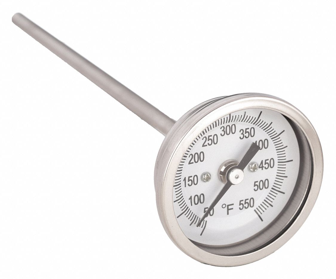 DIAL THERMOMETER, 6 IN STEM L, 2 IN DIAL DIAMETER, 550 &deg; F MAXIMUM TEMPERATURE, 50 &deg; F MINIMUM TEMPERATURE