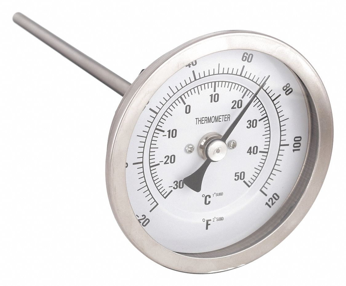 Dial Thermometer: -20°F to 120°F /-30°C to 50°C, ±1% Accuracy, 6 in Stem Lg