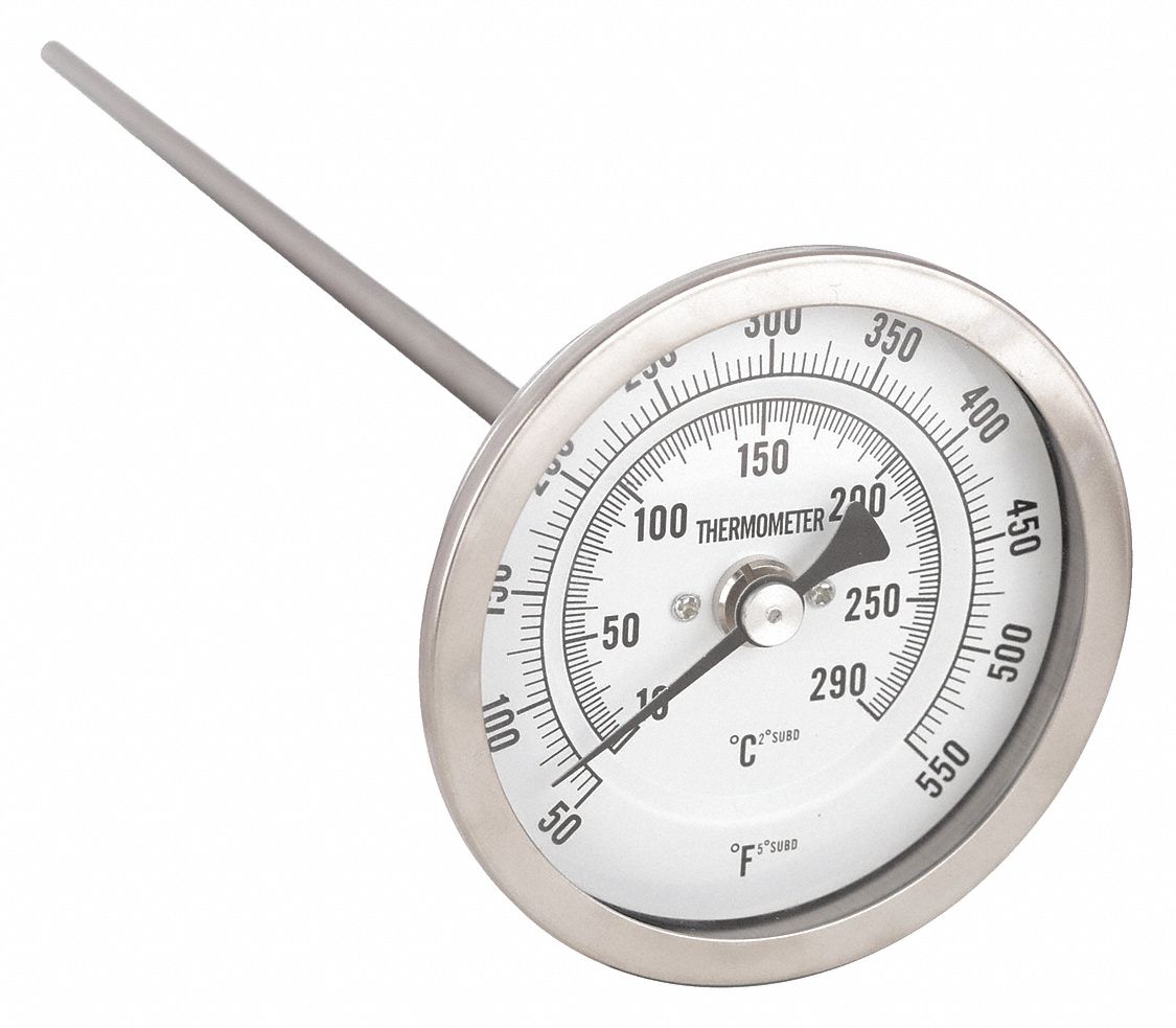 Dial Thermometer: 50°F to 550°F /10°C to 290°C, 9 in Stem Lg, 3 in Dial Dia