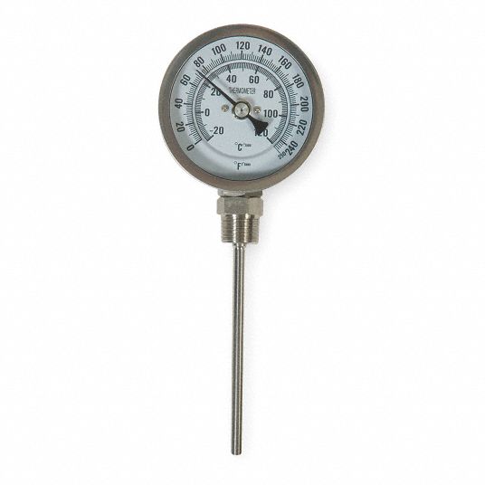GRAINGER APPROVED Analog Dial Thermometer, Bimetal, 3 in Dial Size, 1/2 in NPT Connection Size