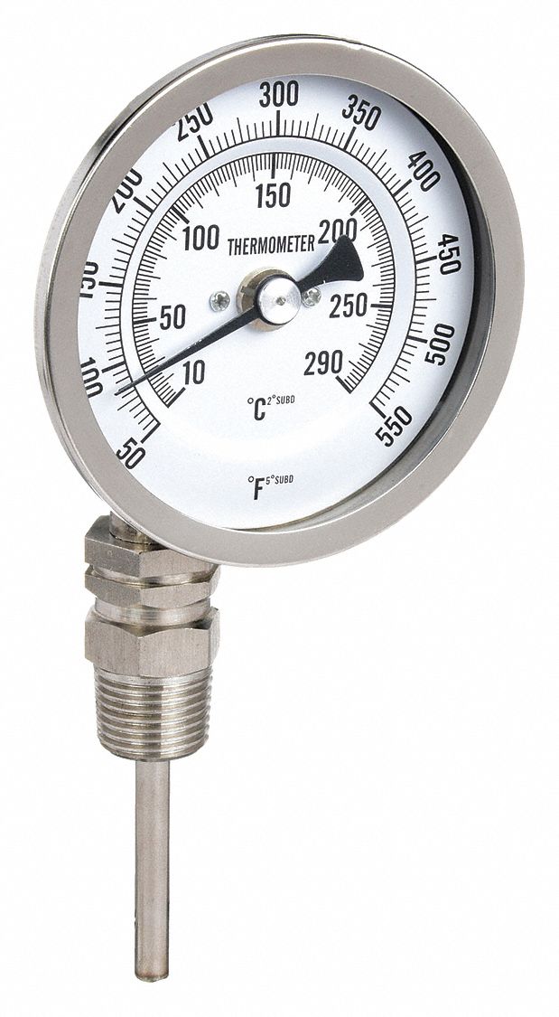 DIAL THERMOMETER, 2.5 IN STEM L, 3 IN DIAL DIAMETER, 550 ° F MAXIMUM TEMPERATURE, 50 ° F MINIMUM TEMPERATURE