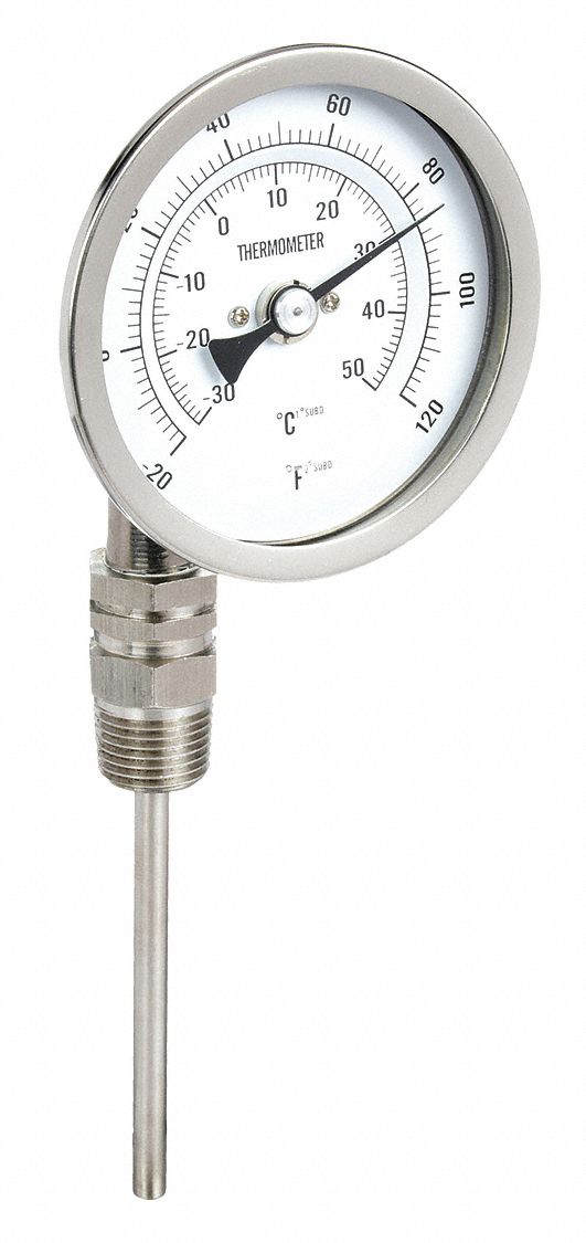 Dial Thermometer: -20°F to 120°F /-30°C to 50°C, ±1% Accuracy, 4 in Stem Lg