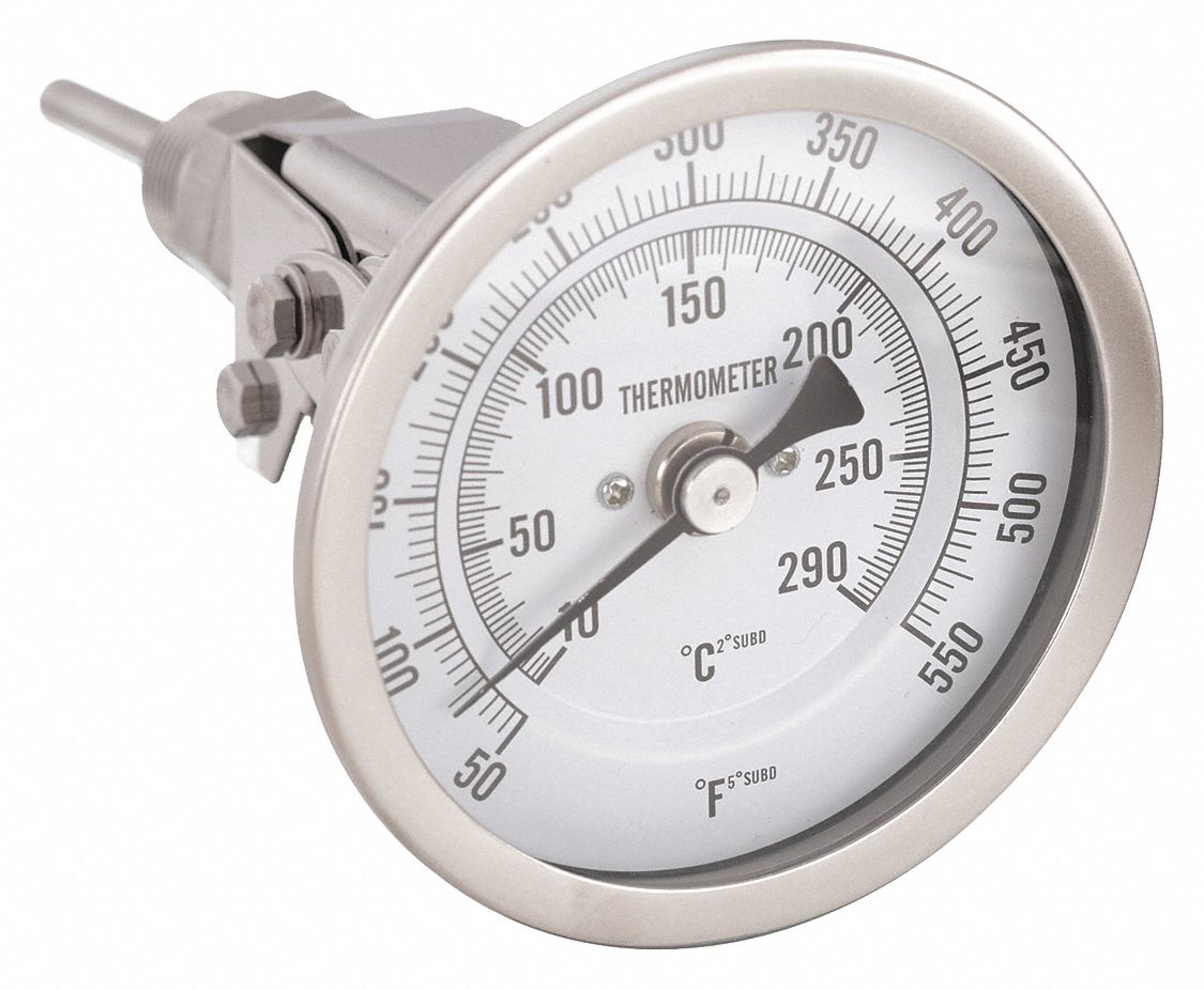DIAL THERMOMETER, 2.5 IN STEM L, 3 IN DIAL DIAMETER, 550 &deg; F MAXIMUM TEMPERATURE, 50 &deg; F MINIMUM TEMPERATURE