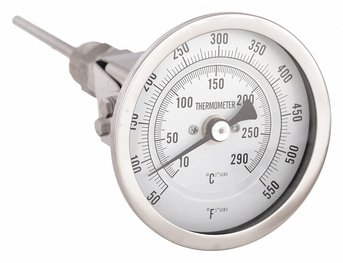 DIAL THERMOMETER, 4 IN STEM L, 3 IN DIAL DIAMETER, 550 &deg; F MAXIMUM TEMPERATURE, 50 &deg; F/10 &deg; C MINIMUM TEMPERATURE, BIMETAL