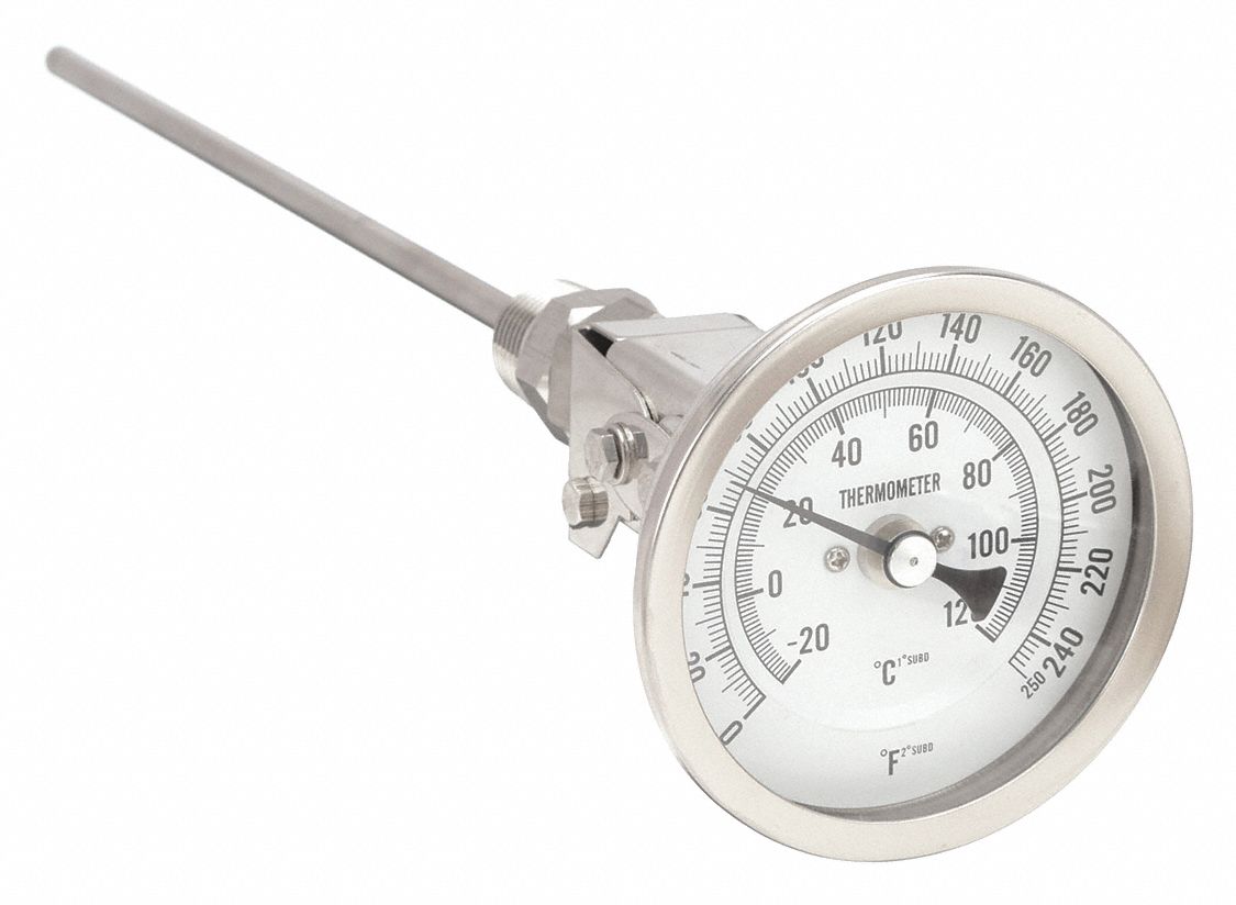 DIAL THERMOMETER, 9 IN STEM L, 3 IN DIAL DIAMETER, 250 ° F/120 ° C MAXIMUM TEMPERATURE, 0 ° F MINIMUM TEMPERATURE