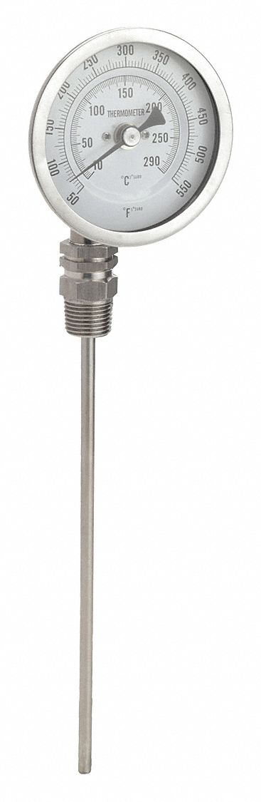 Dial Thermometer: 50°F to 550°F /10°C to 290°C, 9 in Stem Lg, 3 in Dial Dia