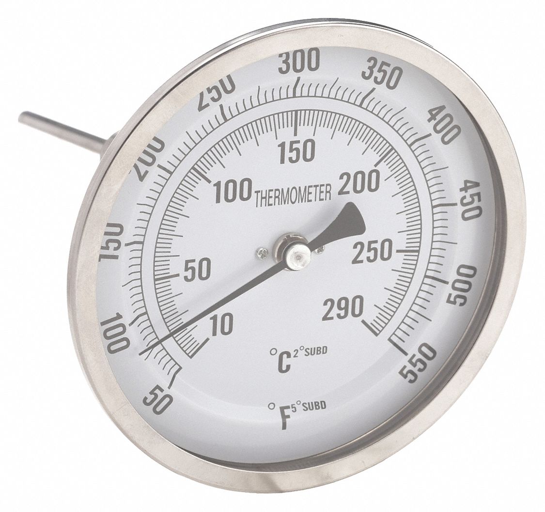 DIAL THERMOMETER, 4 IN STEM L, 5 IN DIAL DIAMETER, 550 ° F MAXIMUM TEMPERATURE, 50 ° F/10 ° C MINIMUM TEMPERATURE, BIMETAL