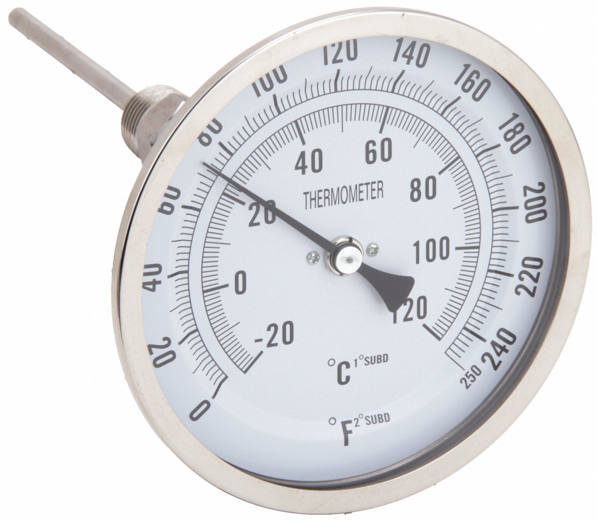 DIAL THERMOMETER, 2.5 IN STEM L, 5 IN DIAL DIAMETER, 250 &deg; F MAXIMUM TEMPERATURE, 0 &deg; F MINIMUM TEMPERATURE