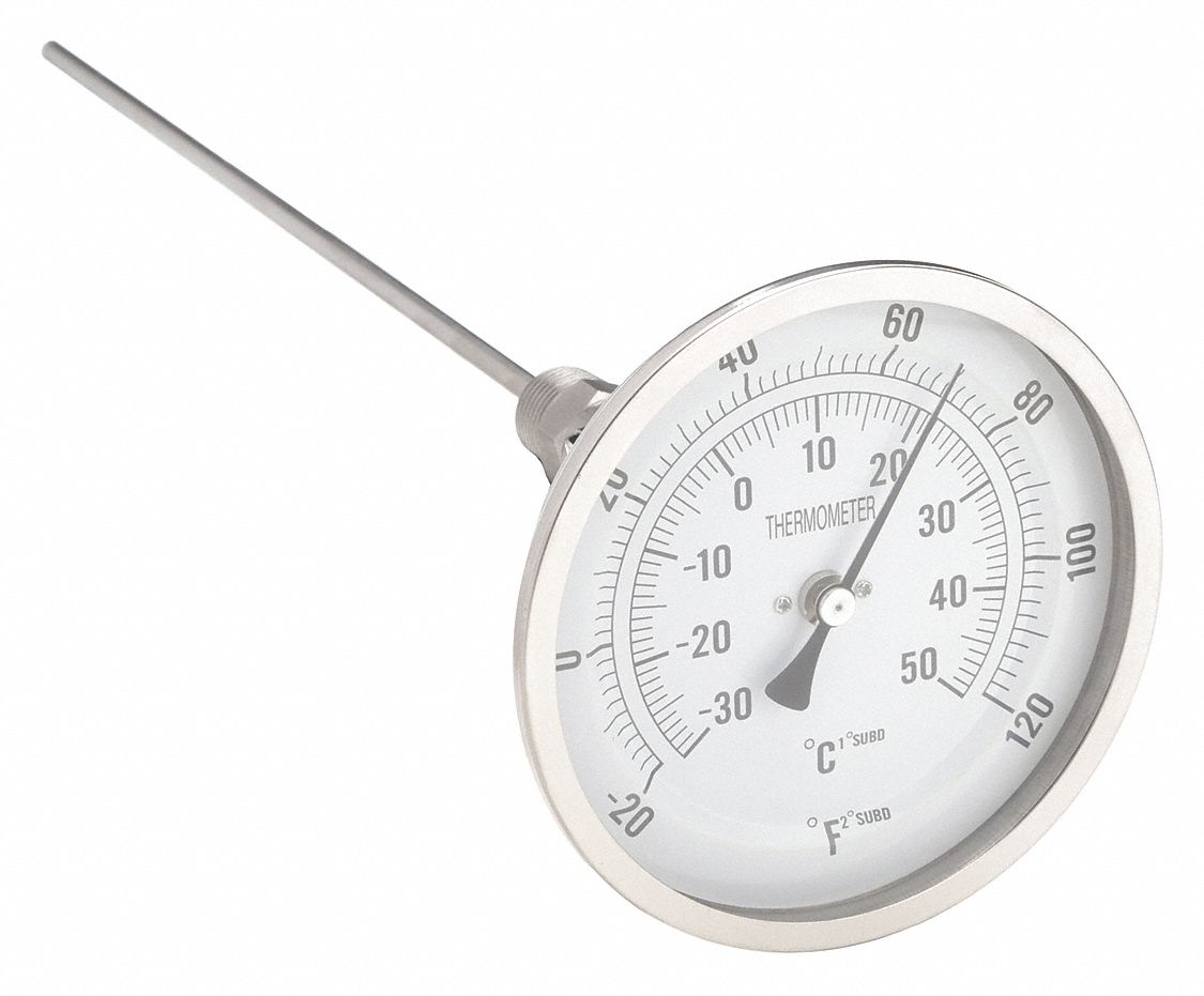 Dial Thermometer: -20°F to 120°F /-30°C to 50°C, ±1% Accuracy, 12 in Stem Lg
