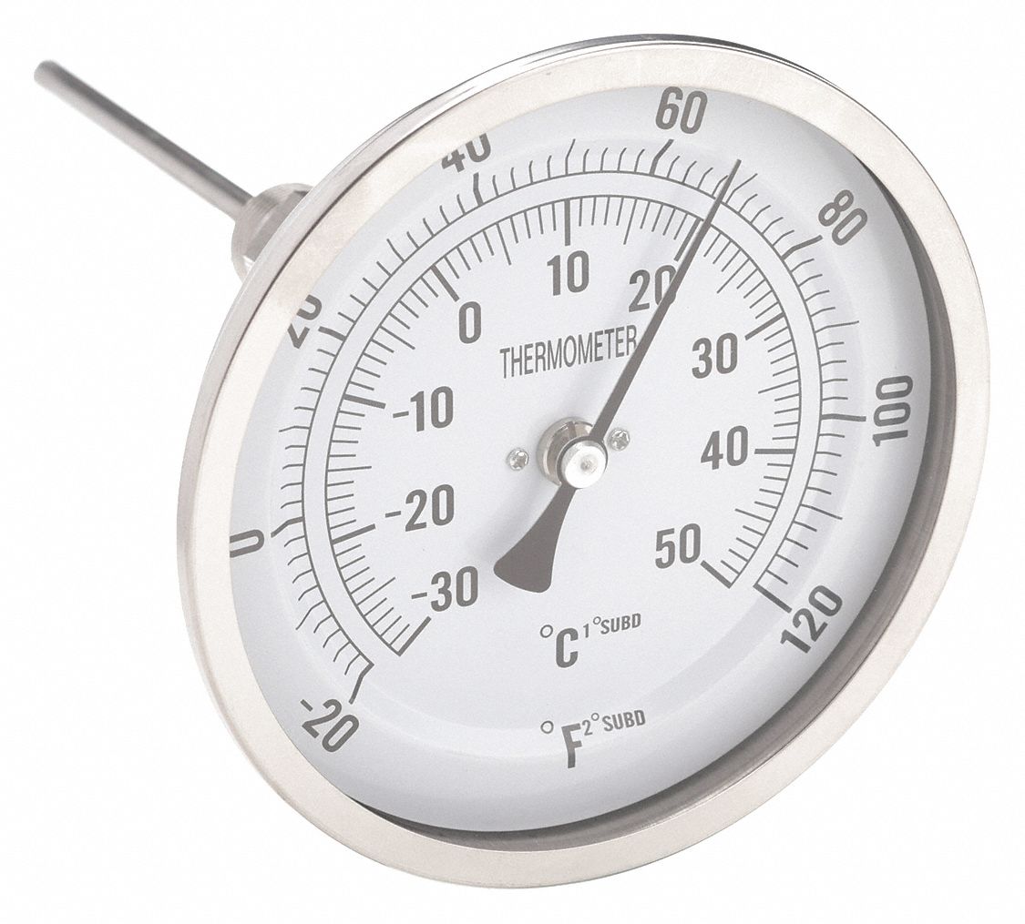 DIAL THERMOMETER, 6 IN STEM L, 5 IN DIAL DIAMETER, +/- 1% ACCURACY, 120 &deg; F MAXIMUM TEMPERATURE, -20 &deg; F MINIMUM TEMPERATURE