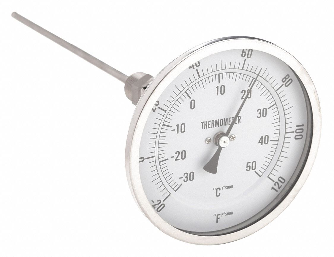 DIAL THERMOMETER, 9 IN STEM L, 5 IN DIAL DIAMETER, +/- 1% ACCURACY, 120 &deg; F MAXIMUM TEMPERATURE, -20 &deg; F MINIMUM TEMPERATURE