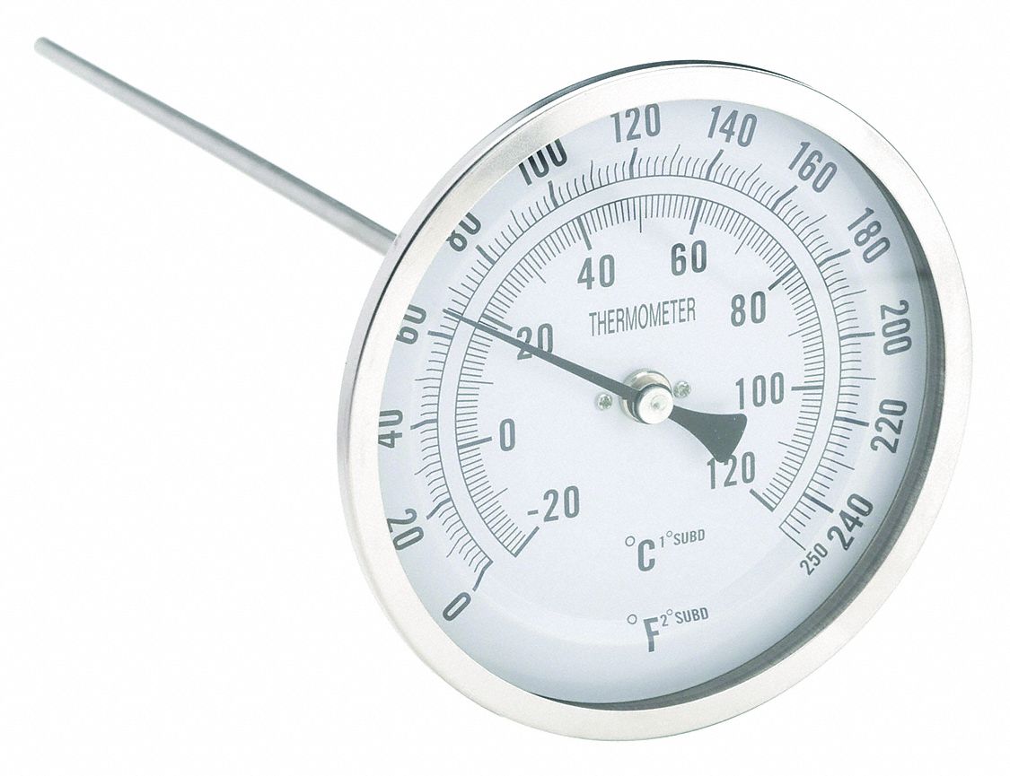Dial Thermometer: 0°F to 250°F /-20°C to 120°C, 12 in Stem Lg, 5 in Dial Dia