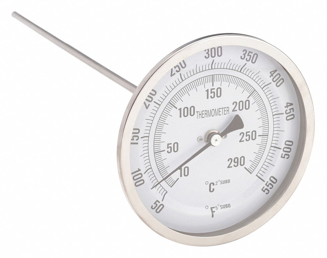 Dial Thermometer: 50°F to 550°F /10°C to 290°C, 12 in Stem Lg, 5 in Dial Dia