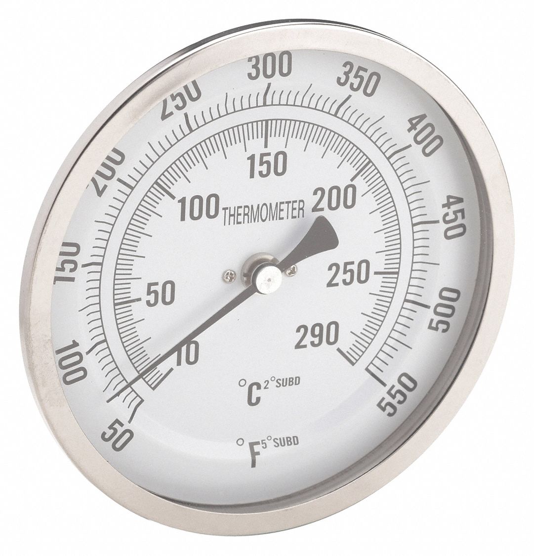 Dial Thermometer: 50°F to 550°F /10°C to 290°C, 2.5 in Stem Lg, 5 in Dial Dia