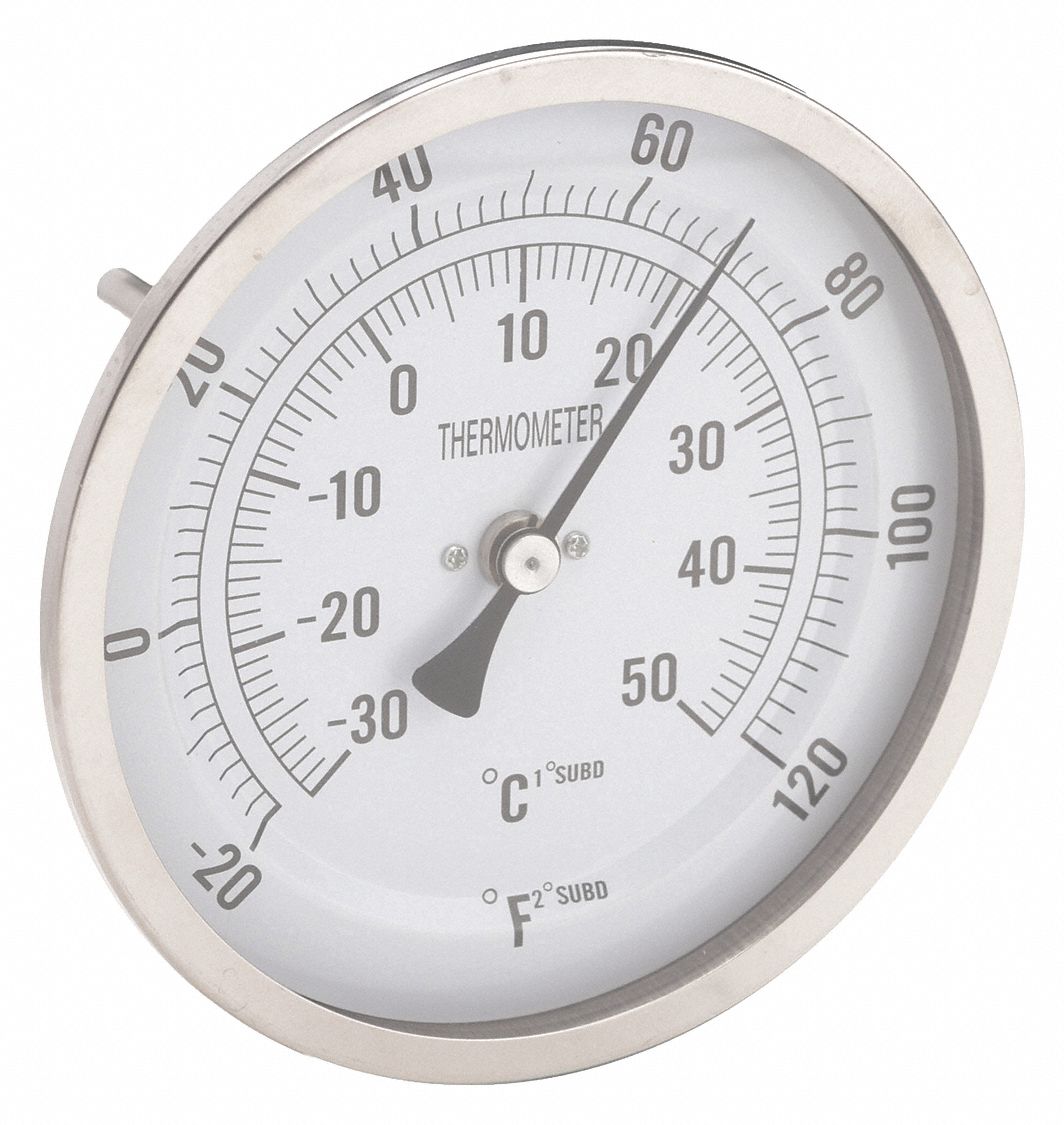 DIAL THERMOMETER, 4 IN STEM L, 5 IN DIAL DIAMETER, +/- 1% ACCURACY, 120 ° F MAXIMUM TEMPERATURE, -20 ° F MINIMUM TEMPERATURE