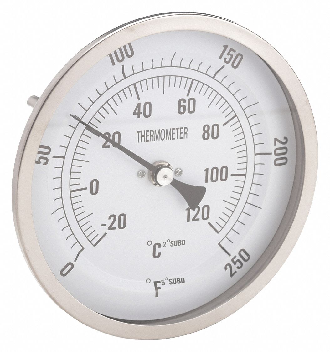 DIAL THERMOMETER, 4 IN STEM L, 5 IN DIAL DIAMETER, 250 &deg; F/120 &deg; C MAXIMUM TEMPERATURE, 0 &deg; F MINIMUM TEMPERATURE
