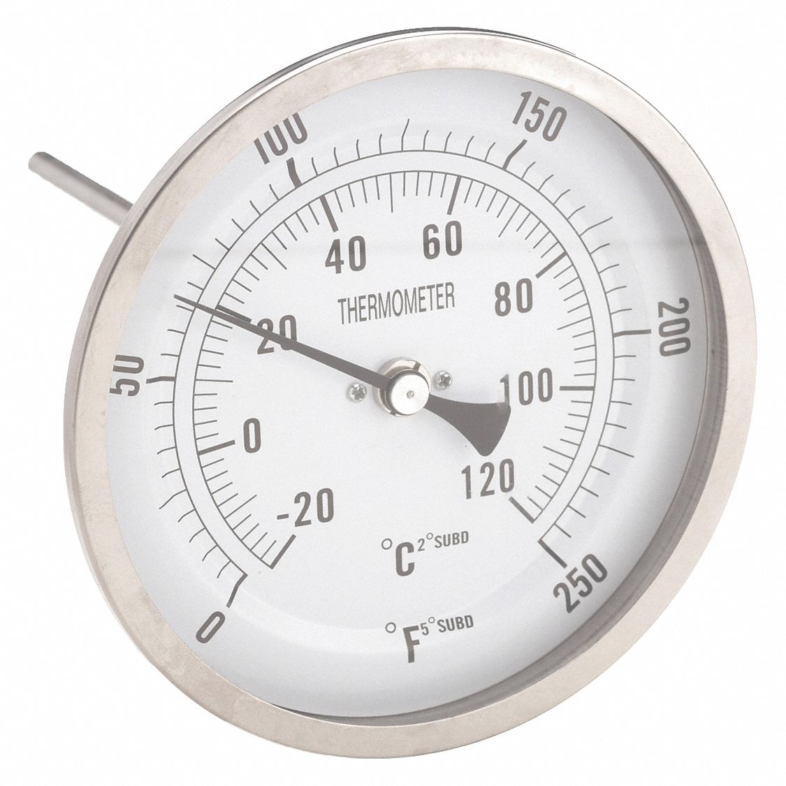 DIAL THERMOMETER, 6 IN STEM L, 5 IN DIAL DIAMETER, 250 &deg; F/120 &deg; C MAXIMUM TEMPERATURE, 0 &deg; F MINIMUM TEMPERATURE