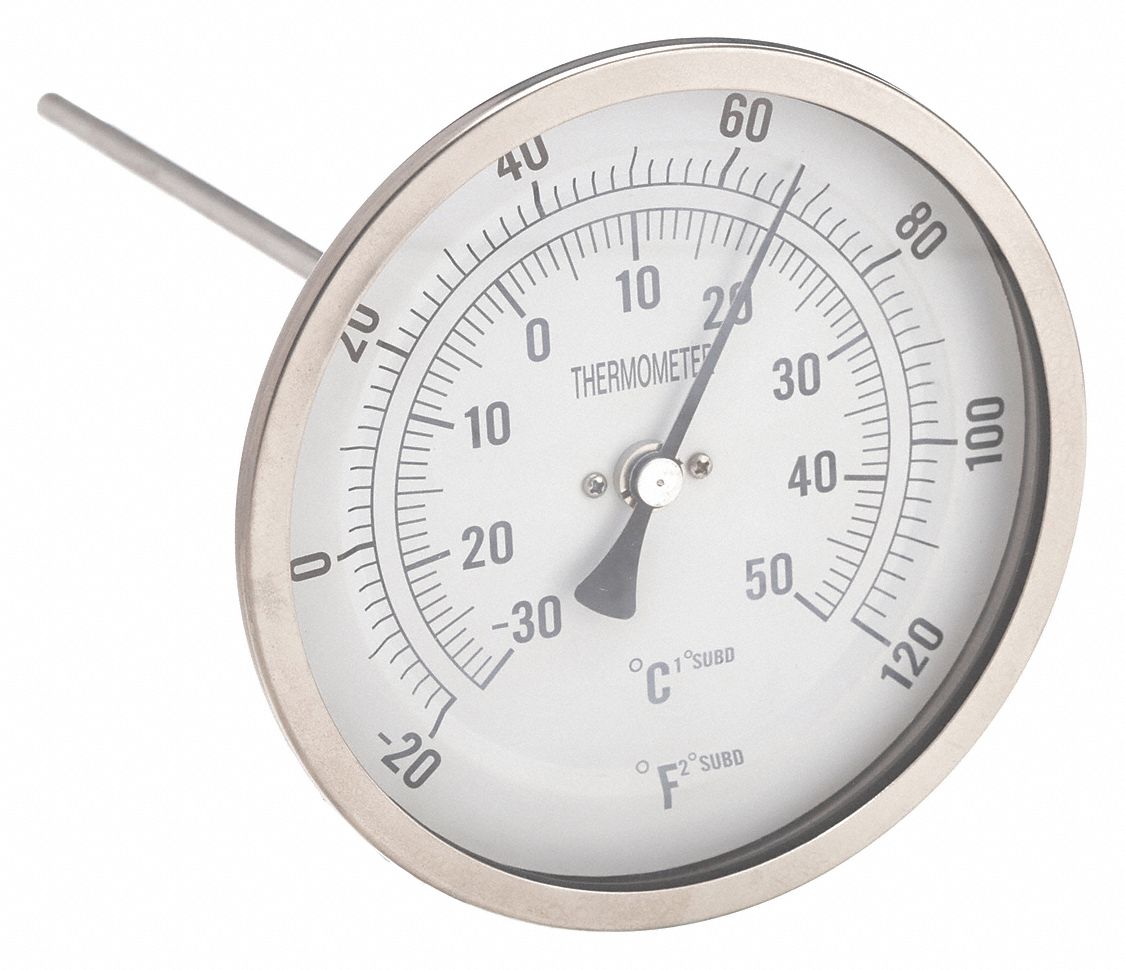 Dial Thermometer: -20°F to 120°F /-30°C to 50°C, ±1% Accuracy, 9 in Stem Lg