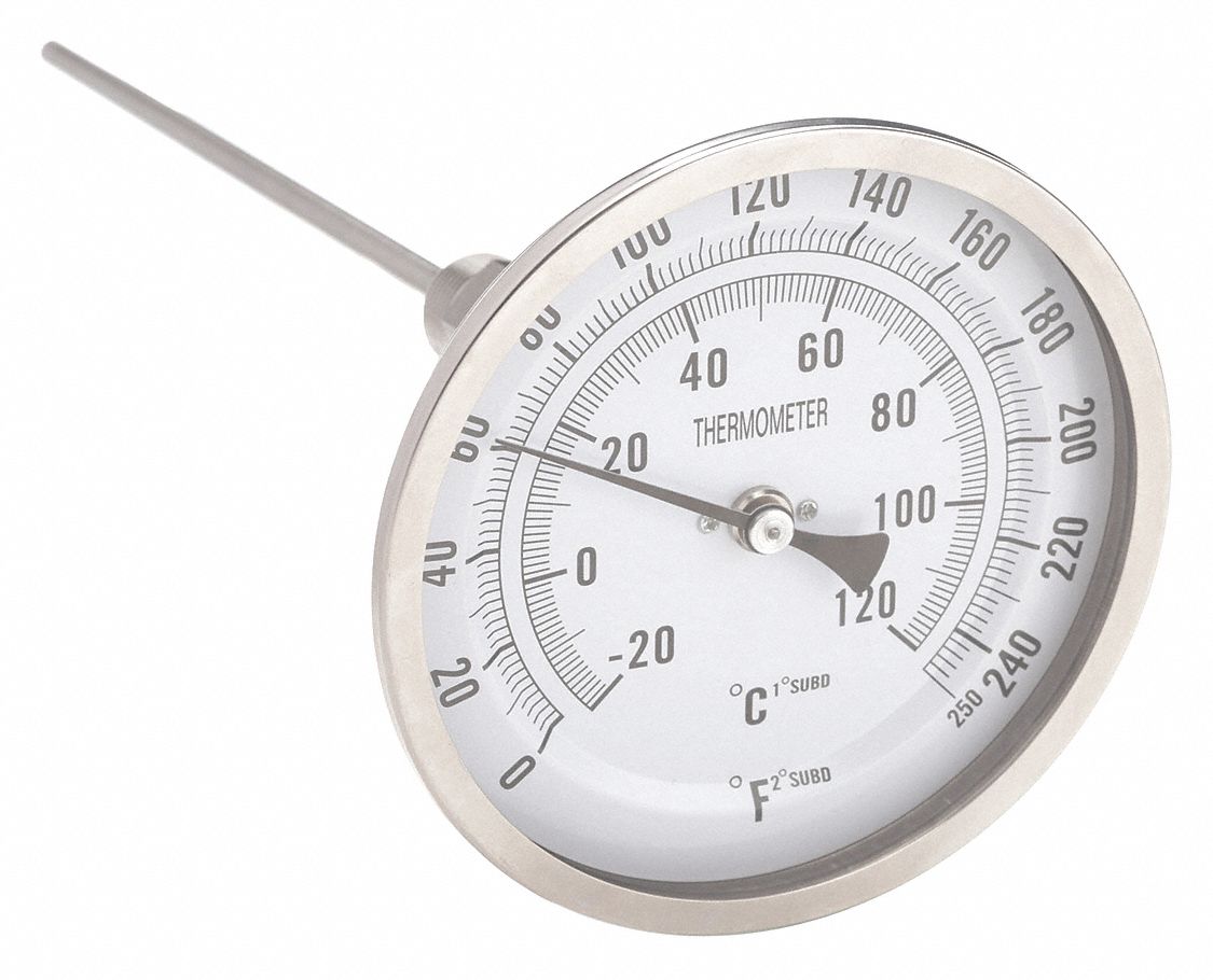 DIAL THERMOMETER, 9 IN STEM L, 5 IN DIAL DIAMETER, 250 &deg; F/120 &deg; C MAXIMUM TEMPERATURE, 0 &deg; F MINIMUM TEMPERATURE